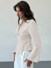 Aloruh New Stylish Commuter Waist Ruched Asymmetric Hem Long Flare Sleeve V-Neck Pullover Blouse - Beige - View 3
