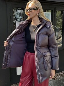 Elyressa 女式抽绳立领中长款宽松夹棉大衣 - 紫色 - 查看 7