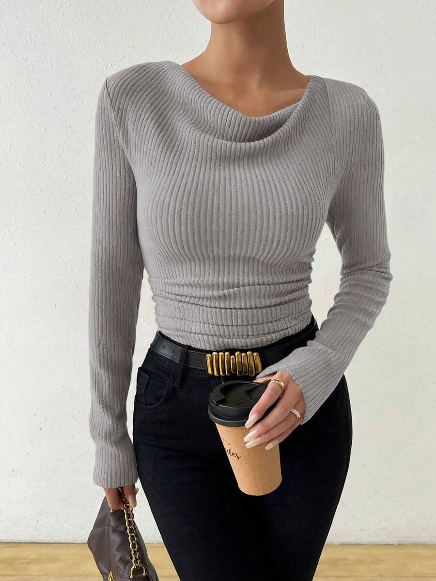 Almamuse 复古不对称垂坠领口纹理褶饰修身长袖 T 恤 - 灰色 - 查看 1