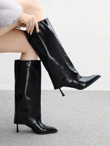 CUCCOO BIZCHIC ​​Glossy Pointed Knee-High Boots | Unique Sculpted Heel | Folded Boot Cuff | Minimalist Women's Boots | 2 Pairs, Premium Faux Leather​​ - Black - View 5