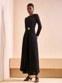 Zivah Women's Round Neck Long Sleeve Metallic 3D Floral Decor Elegant Dress