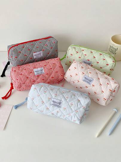 Cherry Print Makeup Bag, Korean Grid Pencil Case For Stationery & Travel Essentials Organization