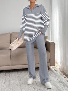 EURMUSE Women Stripe Pattern Zip Detailed Neck Drop Shoulder Pullover & Sweater Pants Set - Grey - View 2