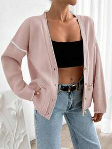 EURMUSE Women Solid Color Deep V-Neck Handmade Stitch Detailed Cardigan - Baby Pink - View 7