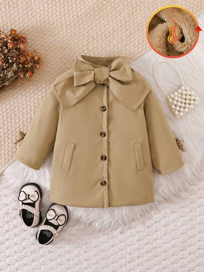 Souflis Souflis Baby Girls' Fashion Casual Versatile Bow Decor Long Sleeve Windbreaker Jacket, Suitable For Autumn/Winter, Indoor/Outdoor, Back To School, Daily Wear