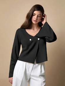 EURMUSE Women's Petite Solid Color V-Neck Front Button Drop Shoulder Cardigan - Black - View 4