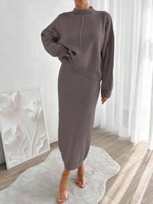 EURMUSE Women's Autumn Simple Solid Color Batwing Sleeve Sweater And Skirt Set - Mocha Brown - View 6