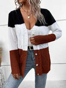 EURMUSE Women's Contrast Color Long Sleeve Single-Breasted Casual Loose Knit Cardigan,Cardigans,Petite,Tall - Chocolate Brown - View 5