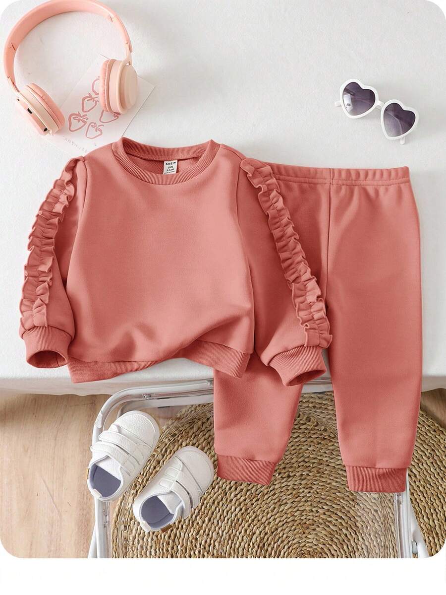 SHEIN 2pcs Baby Girl Cute Solid Color Ruffle Trim Sweatshirt & Sweatpants Set, Autumn/Winter - Dusty Pink - View 1