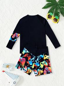 2pcs Tween Boy Cartoon Game Console Print Long Sleeve Top + Shorts Swimsuit Set, Beach/Vacation - Black - View 2