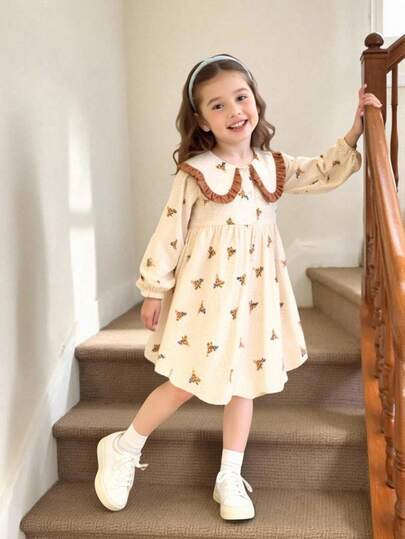 SHEIN Vintaside Kids 女孩休闲碎花长袖彼得潘领泡泡袖连衣裙，舒适、简约、优雅，适合所有季节