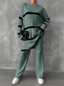 RueChic 2pcs Women Ribbed Contrast Trim Crew Neck Long Sleeve Top And Pants Sweater Set - Mint Green - View 3