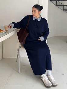 Dazy Plus 2pcs/Set Women Plus Size Casual Contrast Color Splice Lapel Loose Thicken Fleece Sweatshirt And Skirt Set, Autumn/Winter Lounge Sets For Women - Navy Blue - View 5