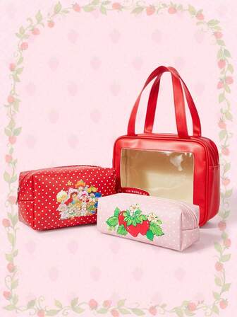 1 Set Of 3 Red Fashionable Large Capacity Printed Portable Cosmetic Makeup Bag