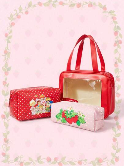 1 Set Of 3 Red Fashionable Large Capacity Printed Portable Cosmetic Makeup Bag