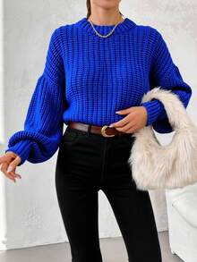 EURMUSE Women's Crew Neck Solid Color Long Sleeve Knitted Sweater - Royal Blue - View 4