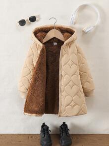 SHEIN Elladie kids 女童拉鍊連帽毛絨內裡加厚外套 女童外套 童女外套 童女冬季夾克 童女黑色外套 - 卡其色 - 查看 6