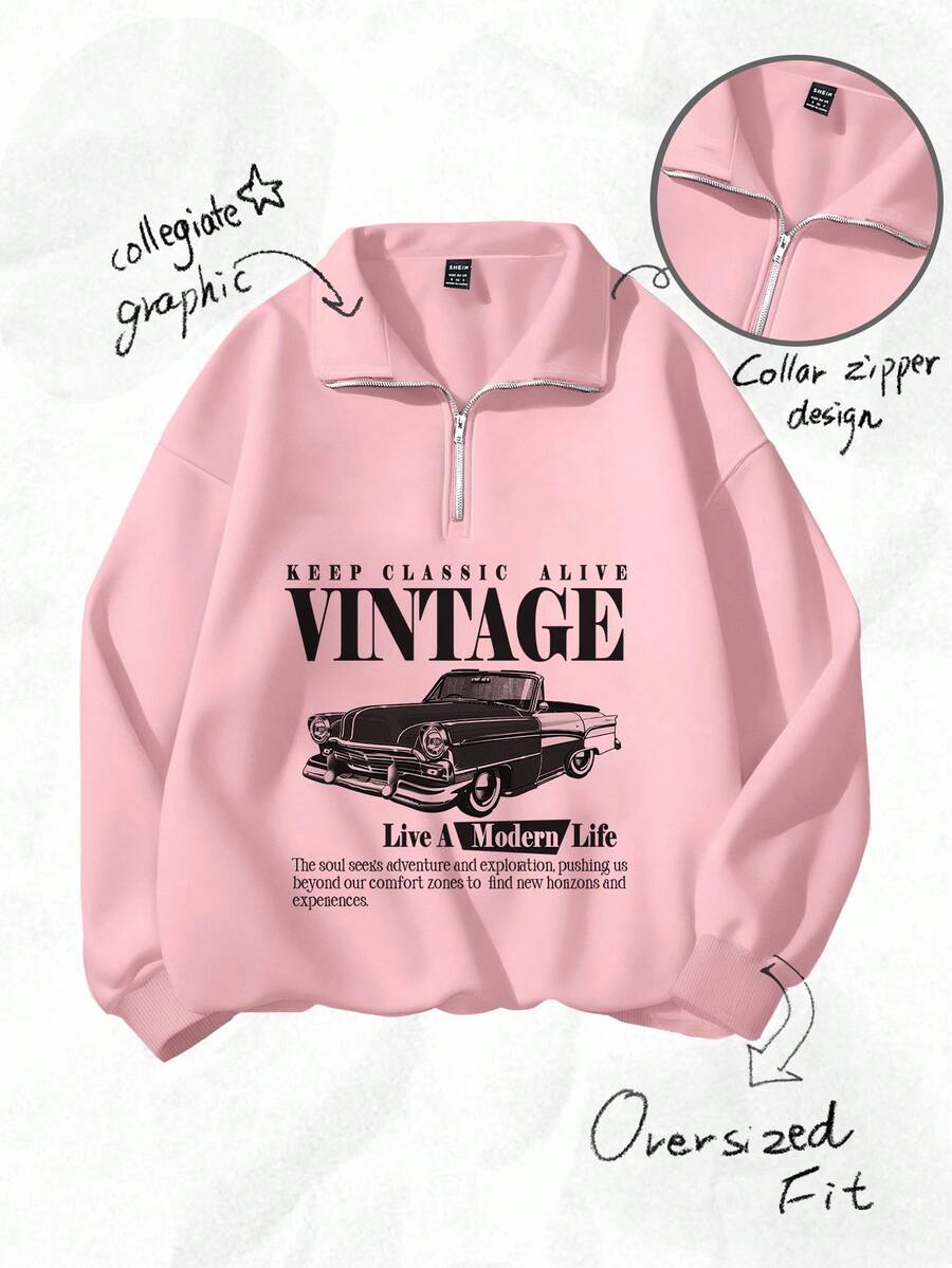 SHEIN EZwear Áo nỉ hở vai in hình xe hơi và khẩu hiệu mùa thu/đông - Hồng - Xem 1