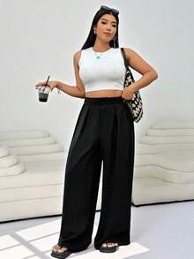 Solflare Plus Size Office Women Outfits,Black High Waist Straight Leg Casual Pants, Minimalist & Stylish For Daily Wear,Spring Summer Clothes In Fall/Winter