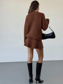 Aloruh Women's Autumn/Winter New Stand Collar Raglan Sleeve Loose Pullover Sweater & Mini A-Line Skirt 2 Pieces Set, Vintage Style For Everyday Wear - Coffee Brown - View 2