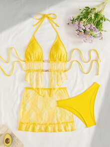 SHEIN Swim Mod 女士夏季新款海滩度假甜美蕾丝面料三件套：荷叶边裙搭配串珠分体泳衣 - 黃色 - 查看 1