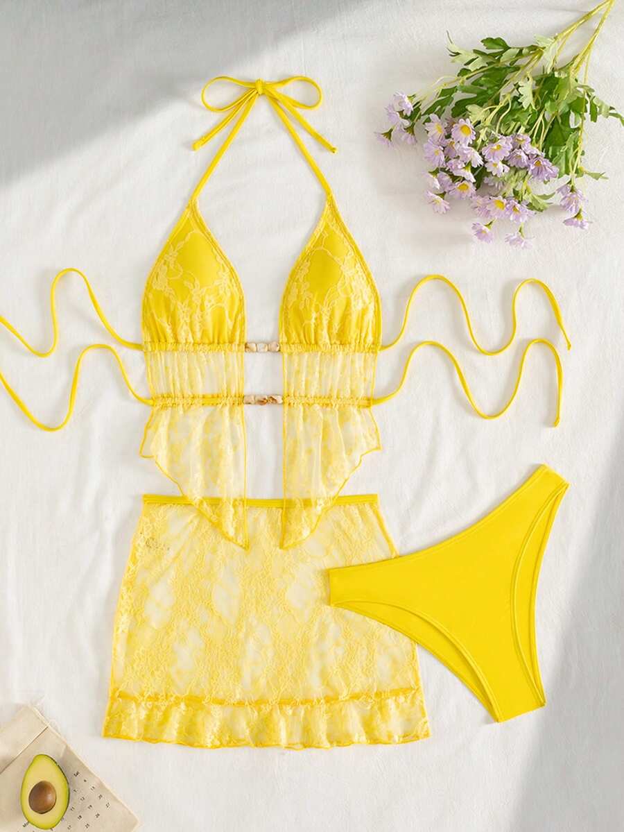 SHEIN Swim Mod 女士夏季新款海滩度假甜美蕾丝面料三件套：荷叶边裙搭配串珠分体泳衣 - 黃色 - 查看 1