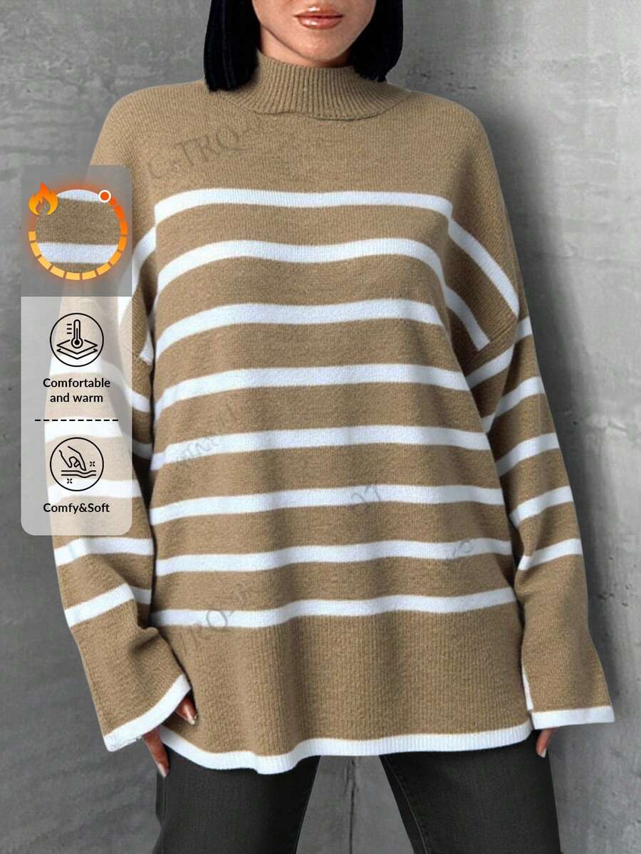 SHEIN Cottnline 女士休闲条纹宽松落肩毛衣秋冬季 - 駝色 - 查看 1