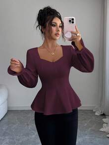 SHEIN Elenzya 优雅方领，收腰，多种面料拼接设计，喇叭形下摆，长袖，松紧袖口，精致，简约，适合通勤、办公室、浪漫、西西里派对、户外、短款衬衫、秋冬衬衫 - 紫紅色 - 查看 4
