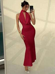 Aloruh Rochie maxi elegantă pentru femei, cu spate gol, cu decolteu drapat, culoare solidă, cu tiv în formă de coadă de pește, mulată, de vară - Burgundia - Vizualizare 7