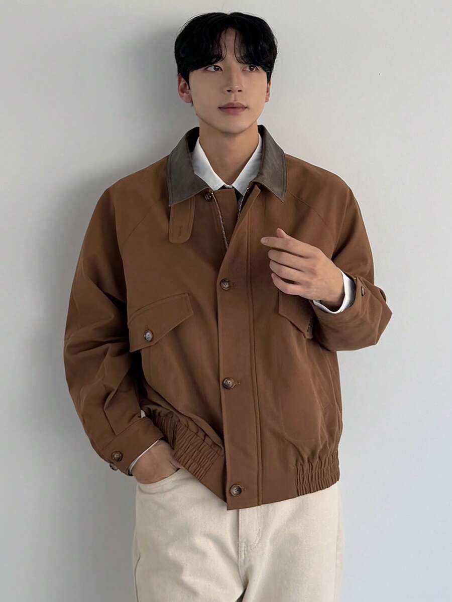 DAZY Men's Brown Patchwork Collar Design Jacket And Coat, Autumn - Brown - View 1