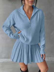 EURMUSE Women Solid Color Zipper Neck Drop Shoulder Pullover Sweater Skirt Set Brunch School Baby Blue Fall Casual Preppy - Baby Blue - View 2