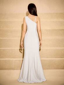 伴娘高端细肩带金银线深 V 领修身开衩连衣裙，适合婚礼、舞会、生日派对、圣诞节、万圣节、返校、毕业典礼 - 銀色 - 查看 2