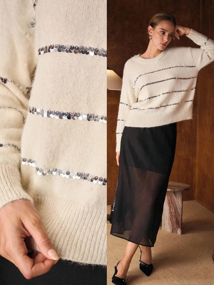 CONTRAST SEQUIN PULLOVER SWEATER