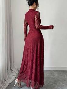 Modelyn Wine Red High Neck Waist Cinched Lace Dress For Women - Burgundy - View 2