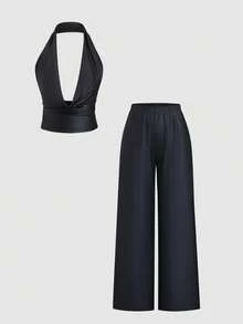 Sweetra 2pcs/Set Women's Black PU Leather Deep Draped Neck Backless Cropped Top&High Waist Wide Leg Pants,Autumn Seksi Chic Party Night Vintage Chic Outfit - Black - View 1