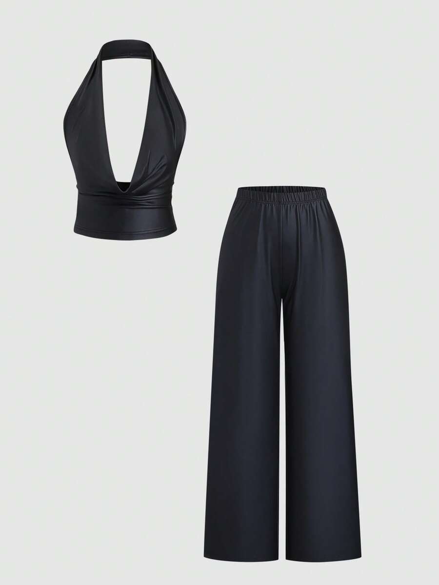 Sweetra 2pcs/Set Women's Black PU Leather Deep Draped Neck Backless Cropped Top&High Waist Wide Leg Pants,Autumn Seksi Chic Party Night Vintage Chic Outfit - Black - View 1
