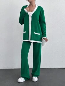 SHEIN Cottnline 2pcs/Set Women Contrast Color Block Front Button Closure Long Sleeve Top And Pants Casual Suit - Dark Green - View 5