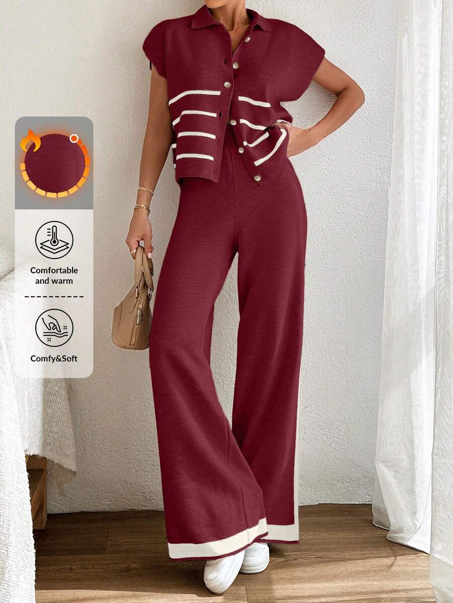 RueChic Áo khoác cardigan cổ polo kẻ sọc thường ngày và quần phối hợp - Màu Đỏ Sâu - Xem 1