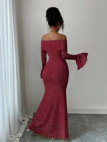 Selianne Elegant Fashion Young Minimalist Versatile Fitted Off-Shoulder Flared Sleeve Mermaid Midi Dress For Women, Autumn - Dark Red - View 2