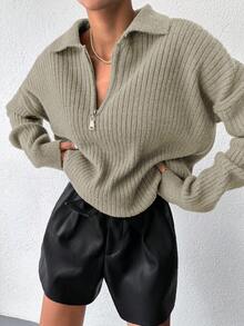 EURMUSE Women's Casual Minimalist Solid Color Drop Shoulder Loose Half Zip Ribbed Knit Cardigan - Apricot - View 4