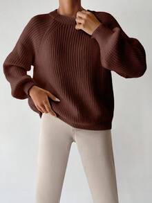 EURMUSE Suéter de punto con mangas raglán de unicolor casual, otoño - Marrón - Ver 3