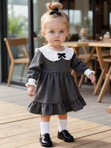 Souflis Souflis Infant/Baby Girl Autumn Long Sleeve Dress, Bowknot Collar Design, Ruffled Lapel, Comfortable Princess Outerwear - Grey - View 1