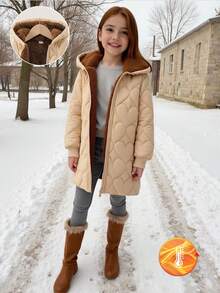 SHEIN Elladie kids 女童拉鍊連帽毛絨內裡加厚外套 女童外套 童女外套 童女冬季夾克 童女黑色外套 - 卡其色 - 查看 7
