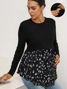 MaterniWear Solid Color Print Patchwork Round Neck Long Sleeve Nursing Top