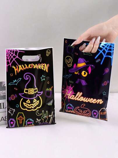 10/20/50pcs Glow-In-The-Dark Halloween Plastic Party Favor Bags With Handles - Fluorescent Cat & Pumpkin Pattern Gift Bags For Happy Halloween Decorations 2025, Edgy Gothic Decor & Bulk Trick Or Treat, Packaging Day Of The Dead Decorations