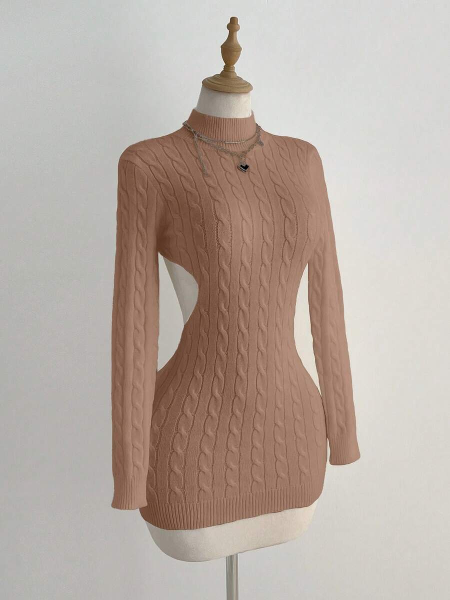 Elamini Vestido de suéter de punto retorcido con espalda descubierta sexy para mujer - Marrón Mocha - Ver 1