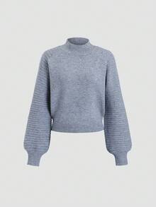 SHEIN Unity 女士简约甜美灰色灯笼袖高领宽松针织毛衣和裙子两件套，秋冬 - 灰色 - 查看 4