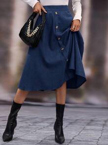 EMERY ROSE Váy chữ A cài nút thường ngày cho nữ, mùa thu - Màu xanh hải quân - Xem 5