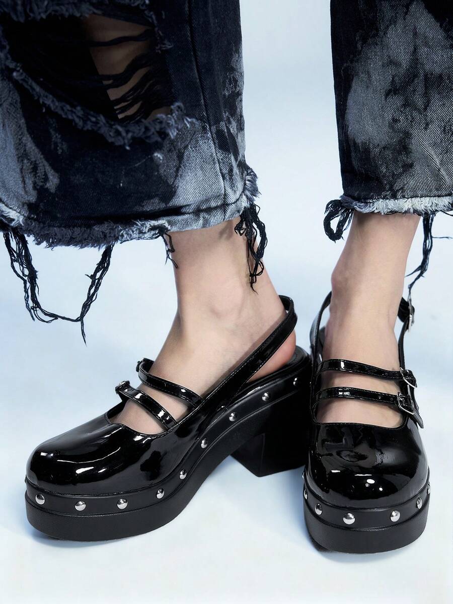 Sugerpunk Women's Fashion Double Buckle Open Back Mary Jane High Heel Sandals, Versatile Dress Shoes - Black - View 1