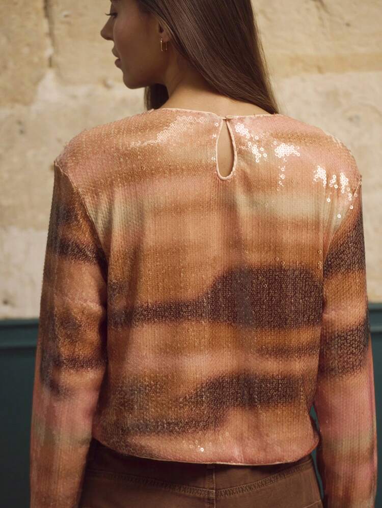 Pink And Brown Gradient Sequin Top With Long Sleeves, Chic Fall-Winter Party Top Shiny Top Premium Sparky Top New Year Party